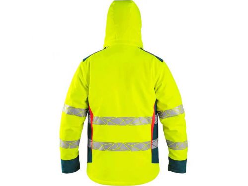 Pánská výstražná zateplená bunda s odepínací kapucí, odolná proti vodě a větru. Fleecový límec, větrání v podpaží, regulovatelné manžety na rukávech, vnitřní manžety v rukávech, kryté zapínání na zip a druky, náprsní a boční kapsy na zip, v pravé náp